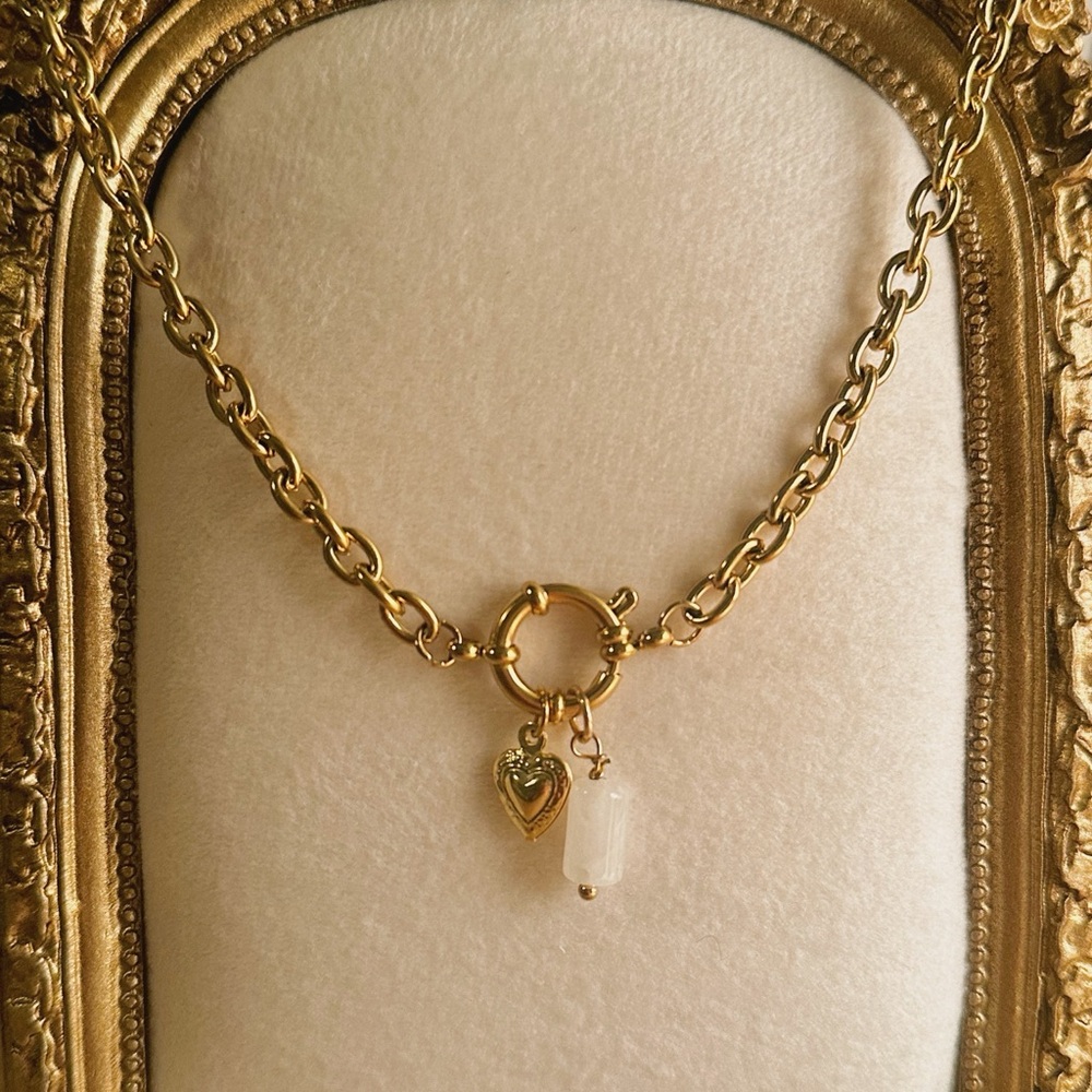 18k Gold Plated Charm Necklace with vintage heart locket and white quartz stone